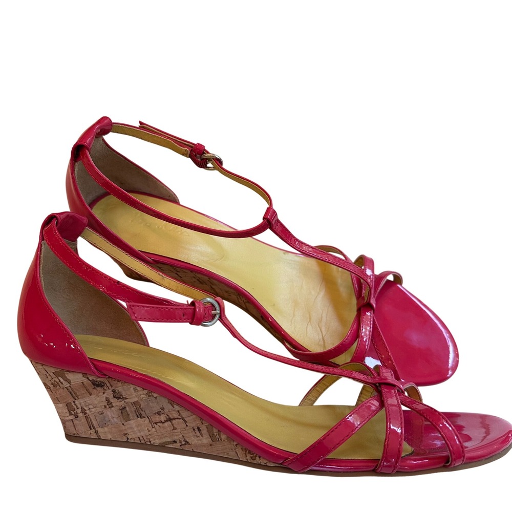 Boden Pink Patent Leather T-Strap Strappy Preppy Cork Wedge Sandals Size 42 10